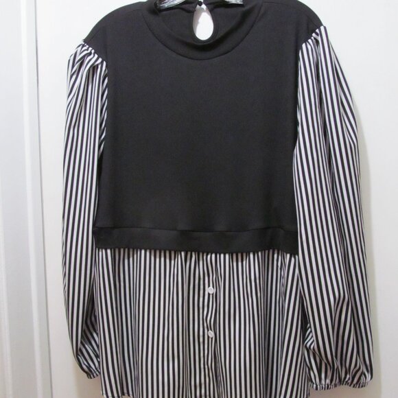 SHEIN Curve Essnce Plus Striped Print Top Lantern Sleeve 2 in 1 top Black Sz 4X - Picture 11 of 14